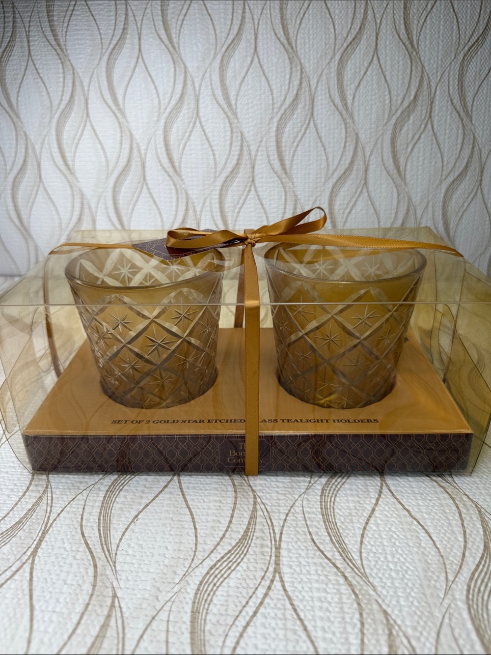 Gold Star Etched Glass Tealight Holder Set - Pair